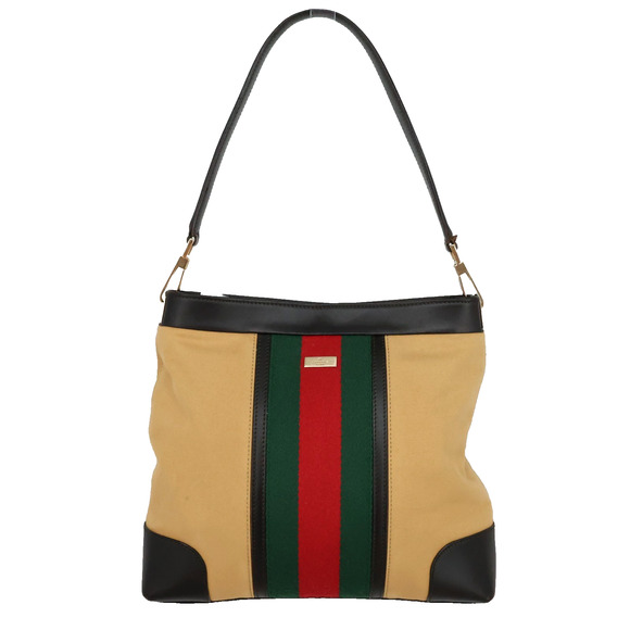 Gucci Handbag Womens Beige Canvas Leather Trim Sherry Line Shoulder Bag Vintage - Picture 1 of 16